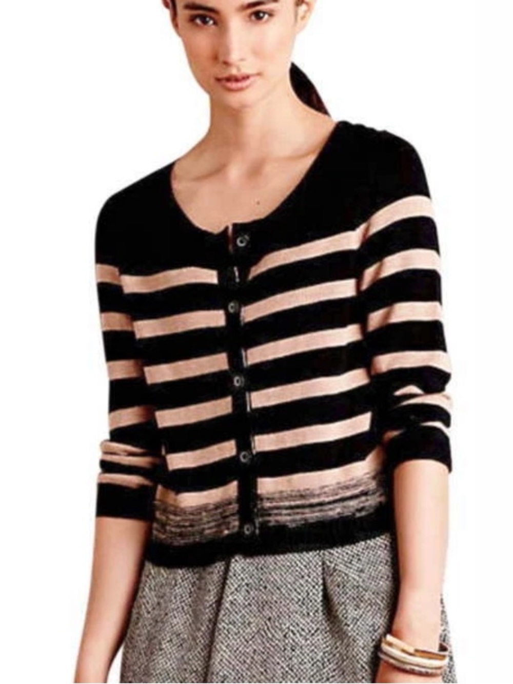 Anthropologie Moth Tan & Black Striped Cardigan Sweater Size Small